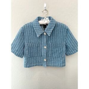 HOUSE OF HARLOW | 1960 Blue Striped Tweed Crop Jacket Pearl Buttons NWT | Small